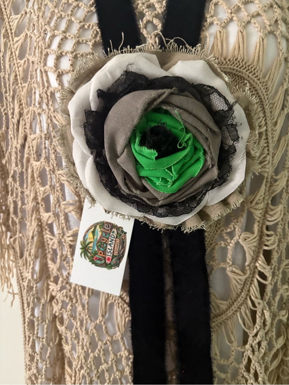 Handmade Green & Neutral Fabric Flower Necklace Jabot Brooch Choker
